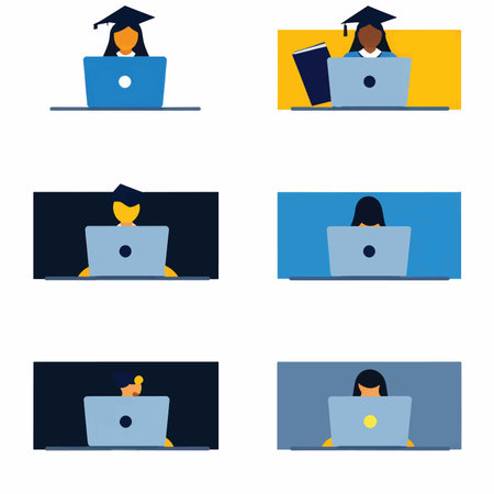 Graduation Caps in Flat Design: Iconic Icons Sitting at Desks with Laptop Computers Against Vibrant Colored Backdropsの素材