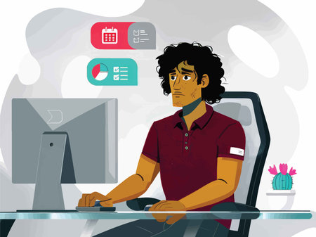 Intelligent Office Oasis: A Modern Cartoon Illustration Depicting a Dedicated Computer User in Minimalist Design Elements Surrounding a Curious Cactus Plantの素材
