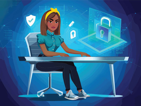 Animated Cybersecurity Iconic Female Character Illustration: A Vibrant Blue Digital Background Featuring Shields, Keys, Padlocks, and Iconsの素材