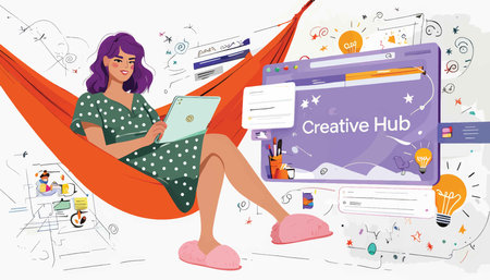 Vintage Vibes and Creative Expression: A Woman's Relaxation in a Vibrant Orange Hammock While Working on Her Tabletの素材