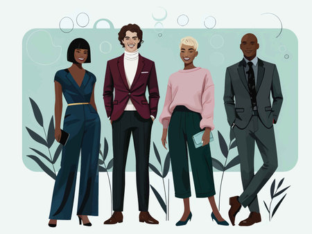 Confident Business Figures: A Vibrant Illustration Featuring Contemporary Attire Against a Botanical Green Backdropの素材