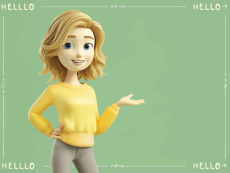 Interactive Animated Character Presents 'HELLO' to Viewer Amidst Vibrant Green Backgroundの素材