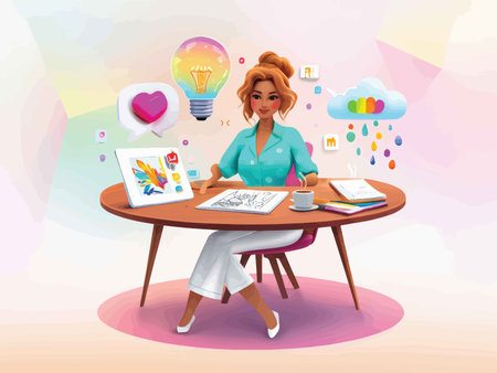 Colorful Creativity: A Woman Engaged in Artistic Exploration with Vibrant Digital Icons and Pastel Backgroundsの素材