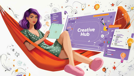 Vibrant Digital Oasis: A Modern Woman's Creative Sanctuary in a Harmonious Palette of Purple Hues and Innovative Interface Graphicsの素材