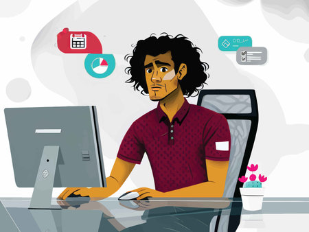 Productive Ambiance: A Muted Color Scheme Illustration of Office Work Surroundings Featuring Icons of Productivity Tools and Personal Touchesの素材