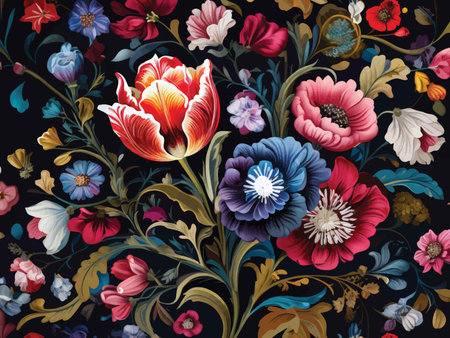 Enchanting Floral Still Life: A Masterful Display of Rich Colors and Intricate Details in a Dark Backgroundの素材