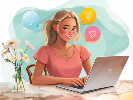 Colorful Workspace: A Woman's Creative Journey Amidst Floating Speech Bubbles and Elegant Daisiesの素材