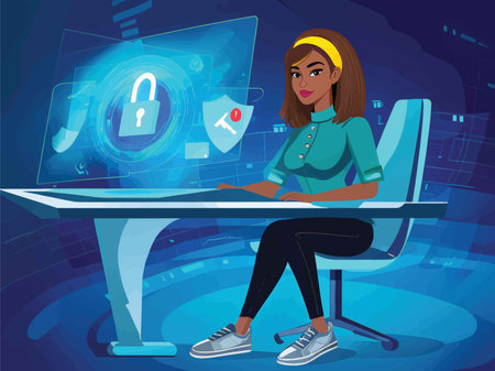 FutureTech Futurism: A Sophisticated Cybersecurity Workscene Featuring Animated Security Measuresの素材