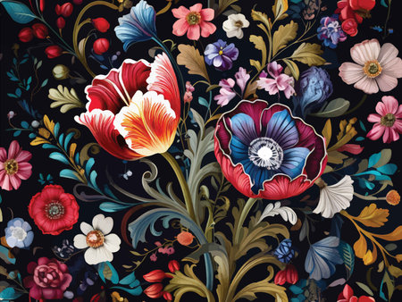 Exquisite Floral Tapestry: A Deep Navy Blue Background Encompassed by Radiant Red, Blue, and Yellow Blooms, Decorated with Gold Glitter for a Majestic Visual Symphonyの素材