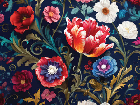 Enchanting Garden Tapestry: A Deep Navy Blue Floral Masterpiece with Gold Accentsの素材