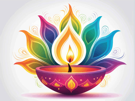 Enchanting Diya Decor: A Lit Wick Centerpiece of Colorful Floral Motifsの素材