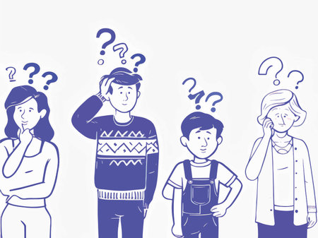 Confused Minds: Four Stylized Figures Scratching Heads, Rubbing Chins, Crossed Arms, and Listening Intensely Against White Background , Blue Line Art Illustrationの素材