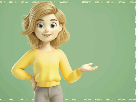 Adorable Blonde Girl Poses for 'Hello' Ad Featuring Vibrant Green Background and Heartwarming Smileの素材