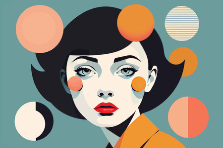 Bold and Bright: A Graphic Design Illustration Featuring a Woman with Unique Features and Circular Patterns in Teal Backgroundの素材