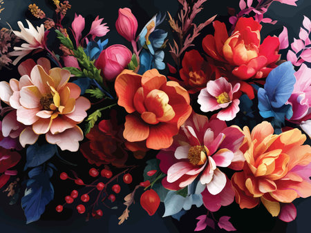 Digitally Crafted Bloomery: An Artful Collection of Vibrant Paper Flowers in Varied Shapes, Sizes, and Huesの素材