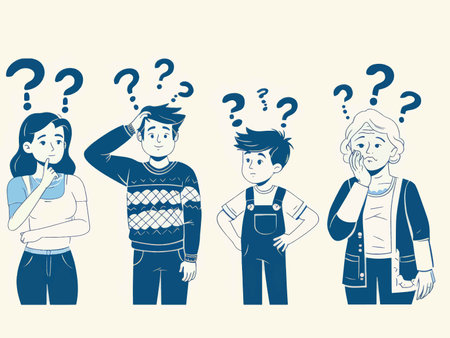 Confused Minds in Blue Shadows: Four Individuals Pondering Without Expressionの素材