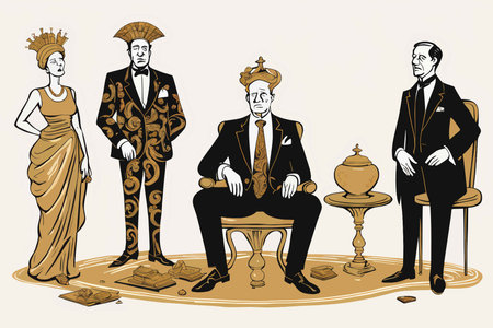 Opulent Elegance: A Vintage Artistic Illustration Featuring Four Ornately Dressed Individuals Surrounding Elegant Itemsの素材