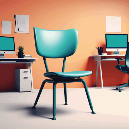 Modern Workspace Ambiance: A Colorful Deskscape with Teal Chair and Orange Wall - Active Use and Productivity Sightsの素材