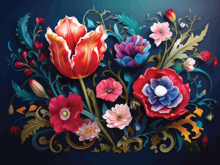 Vibrant Paper Flowers Against a Dark Blue Background: A Masterful Fusion of Natural and Artistic Floral Designの素材