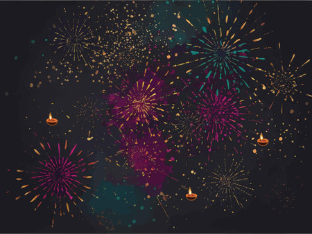 Divine Display: Colorful Fireworks Against a Starry Night Sky - Celebrating Diwali with Small Oil Lampsの素材