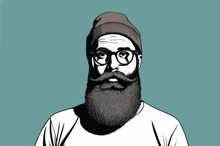 Intense Expression and Bold Lines: A Graphic Novel-Inspired Illustration Featuring a Man with Glasses and Bushy Beardの素材