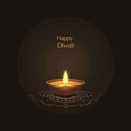 Colorful Diwali Card Featuring Lights, Flowers, and Golden Background with Happy Diwali Messageの素材