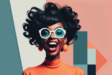 Vibrant Trendsetter: A Stylish Curly-haired Fashionista in Multicolor Geometric Enchantmentの素材