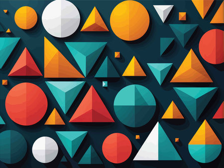 Geometric Harmony: A Modern Art-Inspired Illustration Featuring Vibrant Colors, Shadows, and Shapes Against a Dark Background - Applications Across Design, Advertising, and Digitalの素材