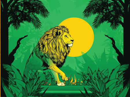 Sunlit Jungle Encounter: Majestic Lion Dominates Palm Tree Log in Verdant Greenery and Golden Sunsetの素材
