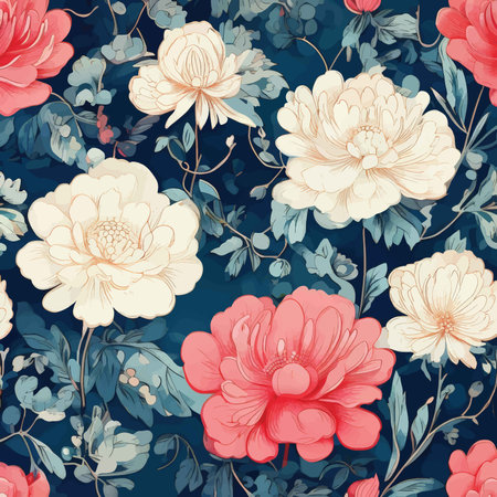 Floral Delight: A Captivating Illustration Featuring Intricate Flowers Against a Deep Blue Background with Subtle Green Accentsの素材