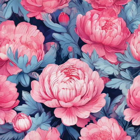 Harmonious Bloom: A Masterful Floral Composition Featuring Pink Peonies and Blue Leaves in Vibrant Visual Harmonyの素材