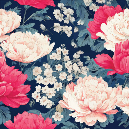Vibrant Digital Floral Design: A Hand-Drawn Illustration of Pink Peonies, Red Poppies, White Flowers, and Green Leaves on a Dark Blue Backgroundの素材