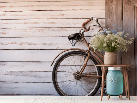 Vintage Wood Wall Decor: A Brown Bicycle and Flower Vase in an Old Shed Settingの素材