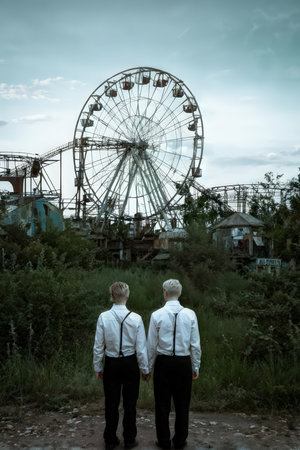 Vintage Ferris Wheel Mystery: Two Young Boys' Suspenseful Observationsの素材