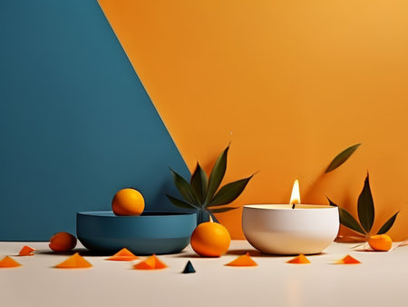 Oranges Arranged Around Bowls: A Visual Representation of Harmony and Growth in Natureの素材