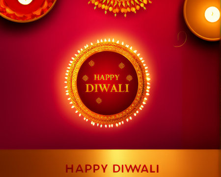 Radiant Diwali Celebration: A Golden Circle of Light and Colorful Patterns Adorned with Festive Elements for the Festival of Lightsの素材