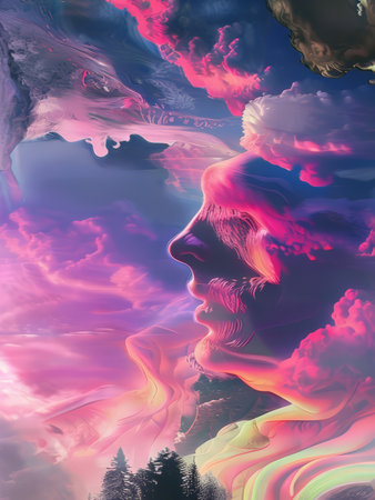 Cloudy Sky Over Trees: A Man's Face Superimposed in Vibrant Colors of Pink, Blue, Purple, and Yellowの素材