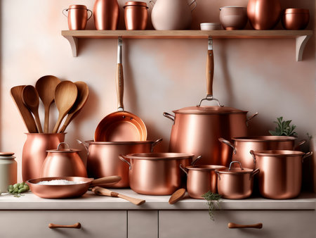 Radiant Copper Cookware Collection: A Harmonious Blend of Warm Metallic Hues and Wooden Contrast in Elegant Kitchen Displayの素材