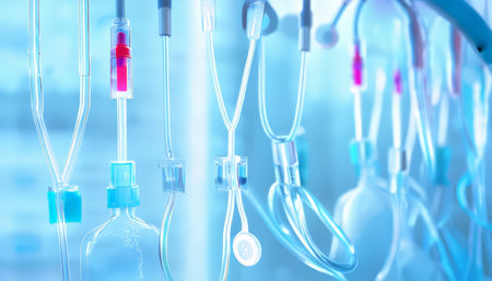 Medical Equipment Arrangement: Suspended IV Bags for Enhanced Monitoring and Careの素材