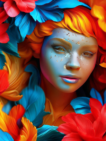 Portrait of beautiful woman with creative make-up and colorful flowersの素材
