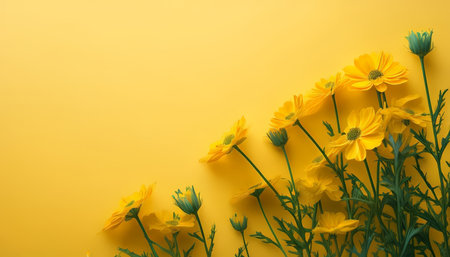 Yellow flowers on yellow background. Flat lay, top view, copy spaceの素材