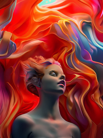 Awakening: A Surreal Digital Artwork of a Radiant Female Figure Emerging From Fiery Swirls of Colorful Huesの素材