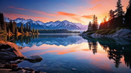 Sunset Reflections Over Majestic Mountains and Serene Lakeの素材