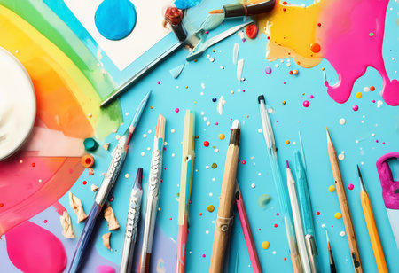 Colorful Chaos: A Dynamic Blend of Art Supplies Expressing Creative Inspirationの素材