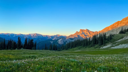 Sunset Serenity: A Harmonious Blend of Nature's Elements Captured in Calm Waters and Mountainous Sceneryの素材