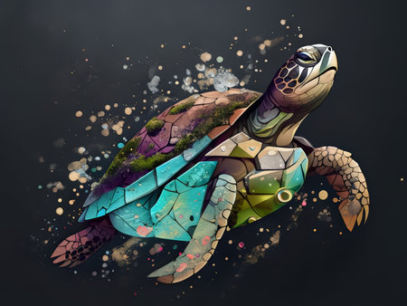 Vibrant Turtle Illusion A Colorful Artwork Swims Through Water, Inspired by Stained Glass Windows and Mosaic Piecesの素材