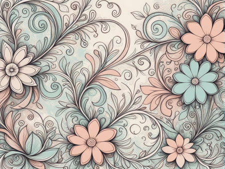 Hand-Crafted Harmony A Detailed Floral Pattern in Pastel Colours, Swirls, and Vines on Off-White Backgroundの素材