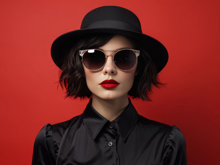 Red Lipstick Enigma: Captivating Portrait Against Bright Red Backgroundの素材