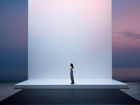 Reflections of Dusk: A Woman's Contemplative Stand Amidst Ancient Walls - A Moment Before the Future Takes Shapeの素材