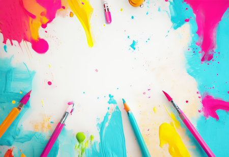 Colorful Art Supplies Surrounding a Vibrant Paint Splatter Background in a Palette of Pastel Colorsの素材
